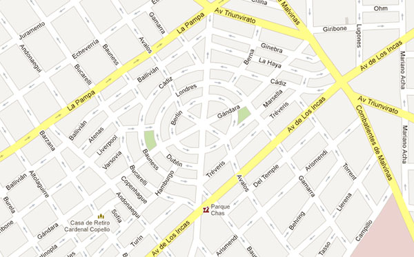 The circular streets of Parque Chas via Google Maps.